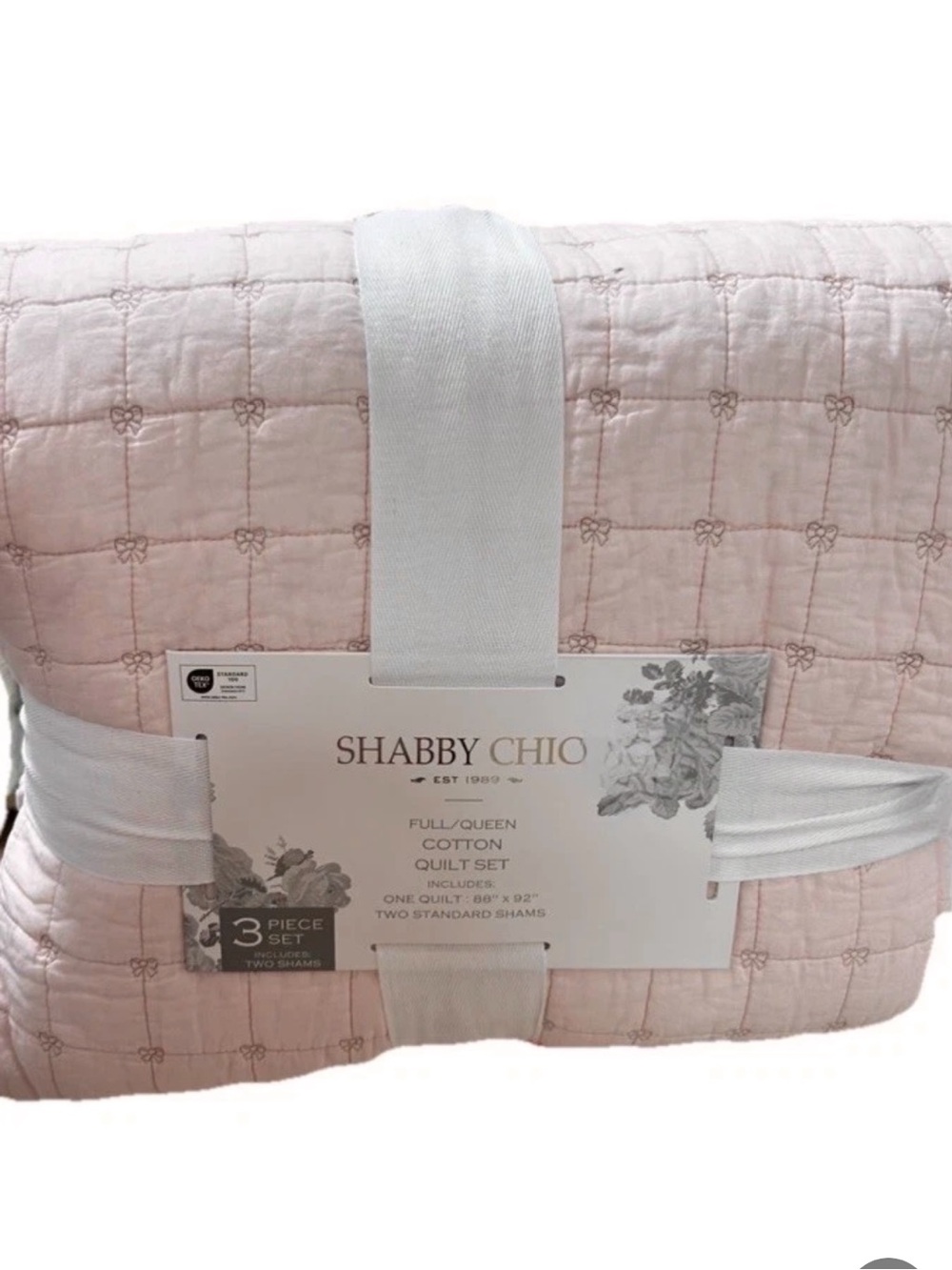 Shabby Chic Full/Queen Pink Quilt Set with All Over Bow Design 88”x92”
